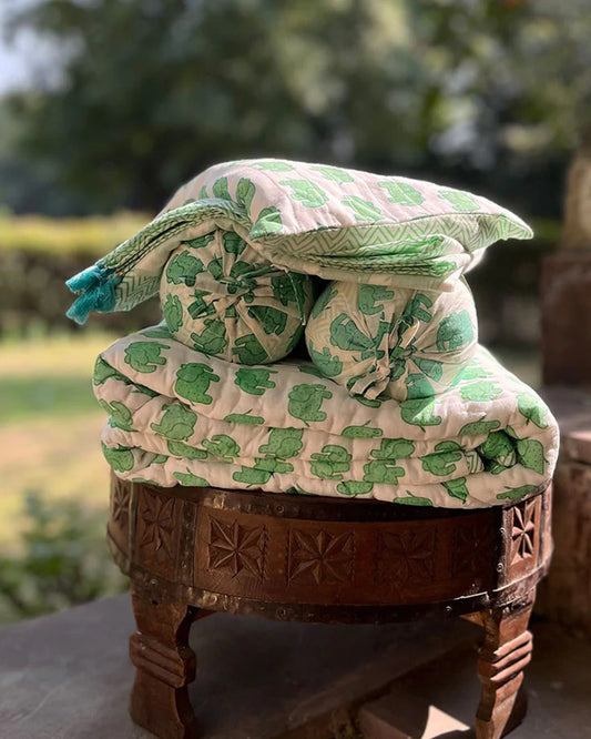 The Almirah Haathi March Green Baby Bedding Set-100% Cotton-Pack of 5-Mini Cot Set For Infants