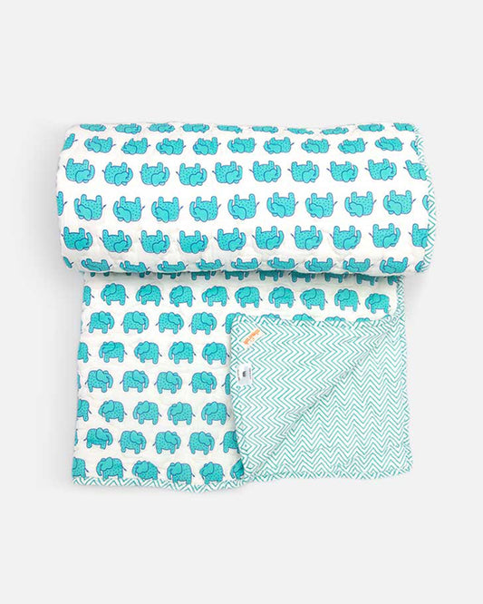 The Almirah Haathi March Blue Baby Quilt-100% Organic Cotton-For Infants