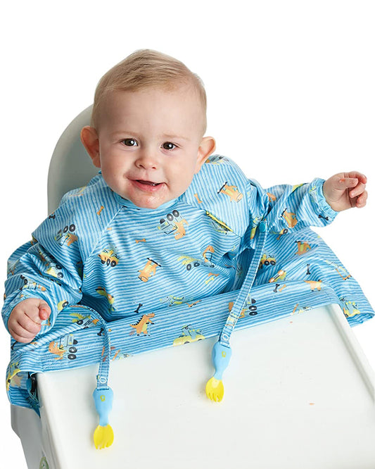 Bibado Long Sleeve Coverall Weaning Bib-Speedy Dinos Turquoise-Adjustable Straps-For Infants