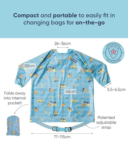 Bibado Long Sleeve Coverall Weaning Bib-Speedy Dinos Turquoise-Adjustable Straps-For Infants