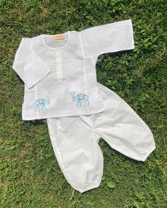 The Almirah Blue & White Kurta Set-Camel-Organic Cotton-For Infants