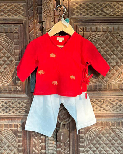 The Almirah Red Angrakha Set-Hathi-Organic Cotton-For Infants