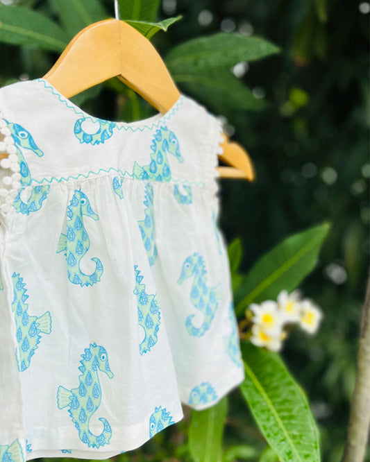 The Almirah Blue Frilly Jhabla Frock Dress-Seahorse-Cotton-For Infants