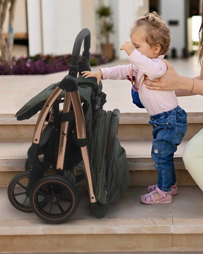 Leclerc Influencer XL Stroller-Air Cabin Friendly-Flat Reclining Seat-One Touch Fold-With Large Frame and Wheels-Includes Travel Bag-2 Years Warranty-for 6M to 5Y (Upto 22Kg)-Army Green