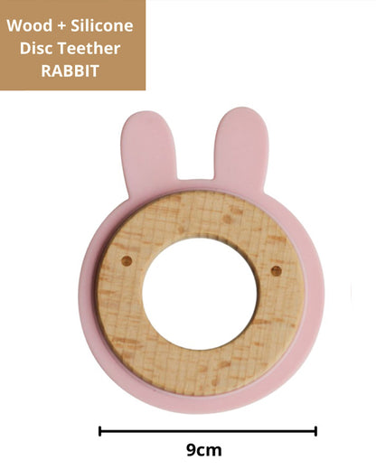 Little Rawr Pink Rabbit-100% Organic Oak Wood-Silicone Disc Teether-Soft on Gums-4M+