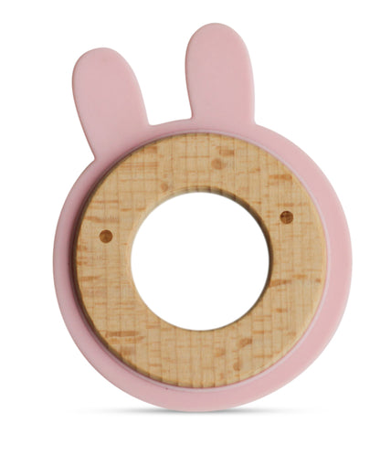 Little Rawr Pink Rabbit-100% Organic Oak Wood-Silicone Disc Teether-Soft on Gums-4M+