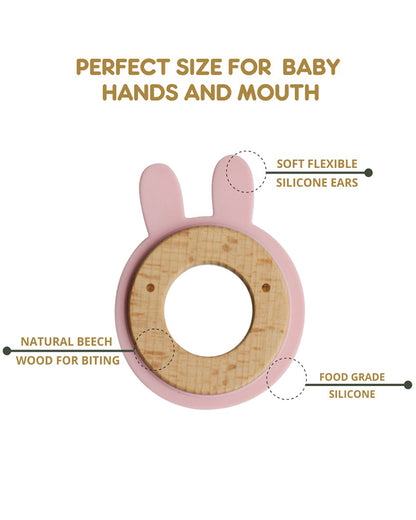 Little Rawr Pink Rabbit-100% Organic Oak Wood-Silicone Disc Teether-Soft on Gums-4M+