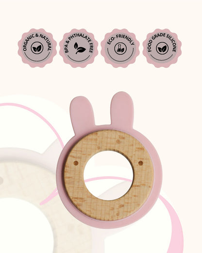 Little Rawr Pink Rabbit-100% Organic Oak Wood-Silicone Disc Teether-Soft on Gums-4M+