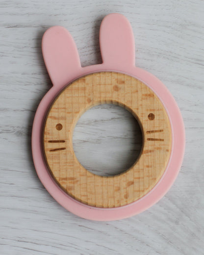 Little Rawr Pink Rabbit-100% Organic Oak Wood-Silicone Disc Teether-Soft on Gums-4M+