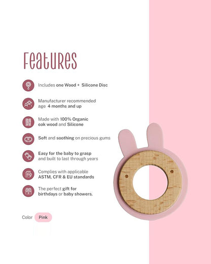 Little Rawr Pink Rabbit-100% Organic Oak Wood-Silicone Disc Teether-Soft on Gums-4M+