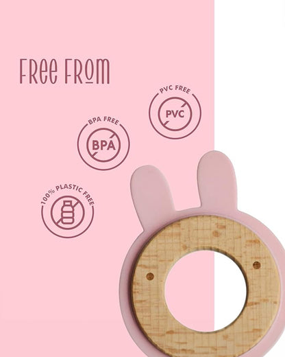 Little Rawr Pink Rabbit-100% Organic Oak Wood-Silicone Disc Teether-Soft on Gums-4M+