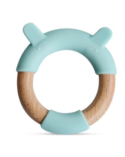 Little Rawr Blue Bear 100% Organic Oak Wood-Silicone Ring Teether-Soft on Gums-4M+