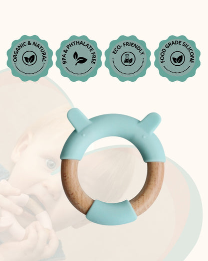 Little Rawr Blue Bear 100% Organic Oak Wood-Silicone Ring Teether-Soft on Gums-4M+