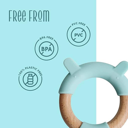 Little Rawr Blue Bear 100% Organic Oak Wood-Silicone Ring Teether-Soft on Gums-4M+