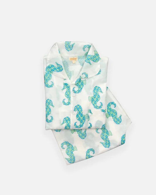 The Almirah White & Blue Nightsuit-Seahorse-Cotton-For Infants