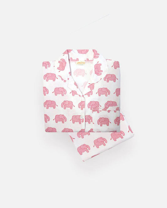 The Almirah White & Pink Nightsuit-Haathi March-Cotton-For Infants