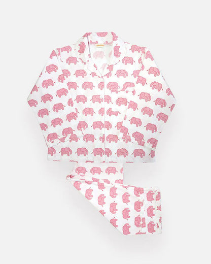 The Almirah White & Pink Nightsuit-Haathi March-Cotton-For Infants