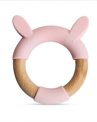 Little Rawr Pink Rabbit-100% Organic Oak Wood-Silicone Ring Teether-Soft on Gums-4M+