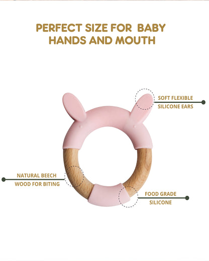 Little Rawr Pink Rabbit-100% Organic Oak Wood-Silicone Ring Teether-Soft on Gums-4M+