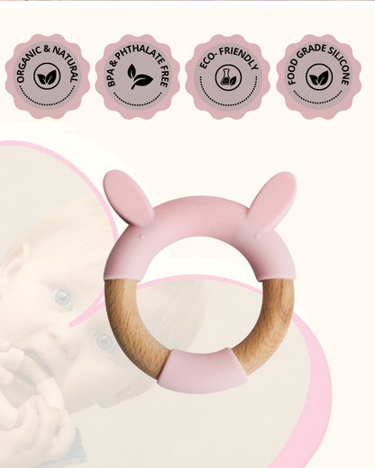 Little Rawr Pink Rabbit-100% Organic Oak Wood-Silicone Ring Teether-Soft on Gums-4M+