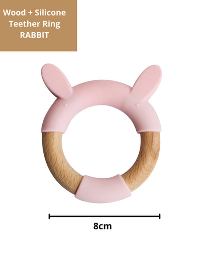 Little Rawr Pink Rabbit-100% Organic Oak Wood-Silicone Ring Teether-Soft on Gums-4M+