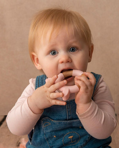 Little Rawr Pink Rabbit-100% Organic Oak Wood-Silicone Ring Teether-Soft on Gums-4M+