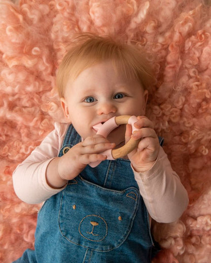 Little Rawr Pink Rabbit-100% Organic Oak Wood-Silicone Ring Teether-Soft on Gums-4M+