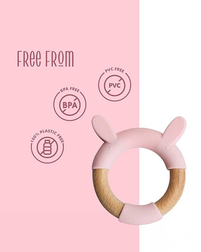 Little Rawr Pink Rabbit-100% Organic Oak Wood-Silicone Ring Teether-Soft on Gums-4M+