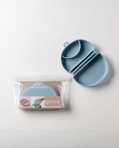 Miniware Silifold-Chicory Blue-Foldable Plate-With Suction Base & 2 Divided Sections-For Feeding Infants