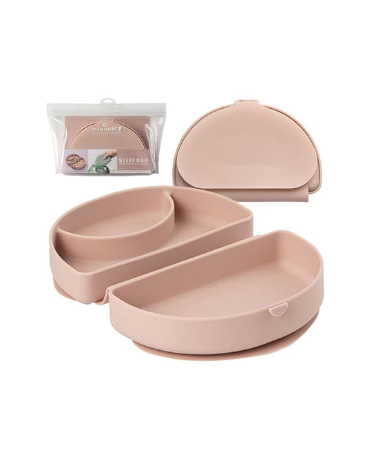 Miniware-Silifold-Pink Salt-Foldable Plate-With Suction Base & 2 Divided Sections-For Feeding Infants