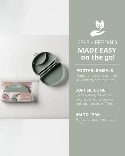 Miniware Silifold-Sage Green-Foldable Plate-With Suction Base & 2 Divided Sections-For Feeding Infants