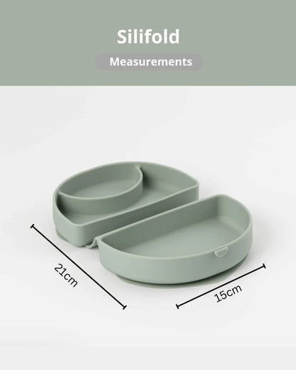 Miniware Silifold-Sage Green-Foldable Plate-With Suction Base & 2 Divided Sections-For Feeding Infants