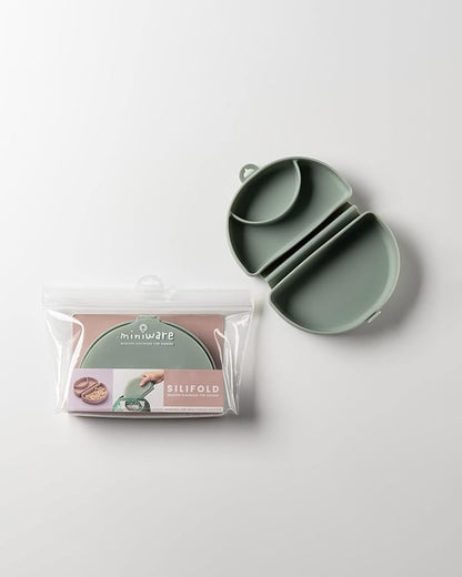 Miniware Silifold-Sage Green-Foldable Plate-With Suction Base & 2 Divided Sections-For Feeding Infants