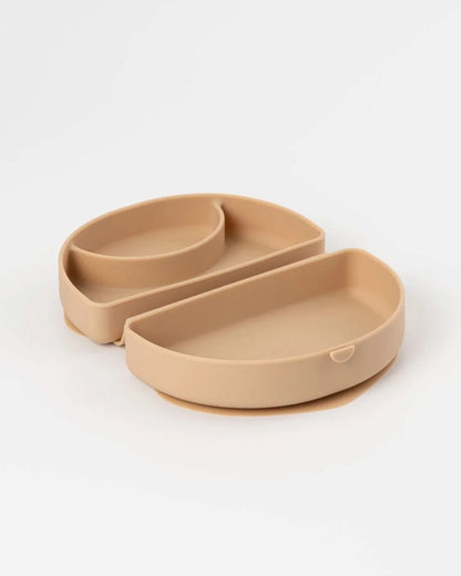 Miniware Silifold-Almond Butter-Foldable Plate-With Suction Base & 2 Divided Sections-For Feeding Infants