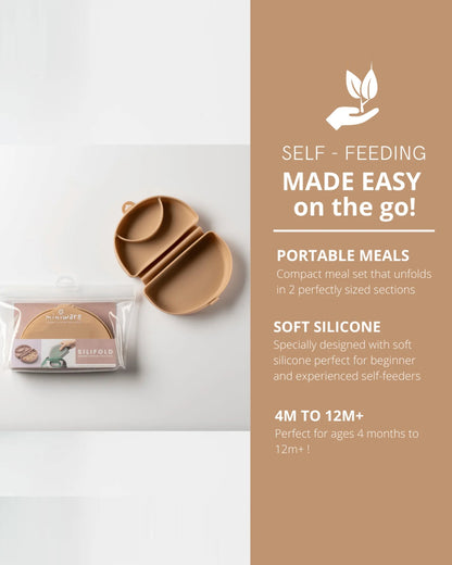 Miniware Silifold-Almond Butter-Foldable Plate-With Suction Base & 2 Divided Sections-For Feeding Infants