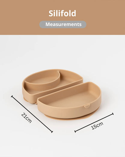 Miniware Silifold-Almond Butter-Foldable Plate-With Suction Base & 2 Divided Sections-For Feeding Infants