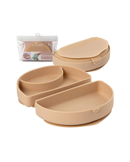 Miniware Silifold-Almond Butter-Foldable Plate-With Suction Base & 2 Divided Sections-For Feeding Infants