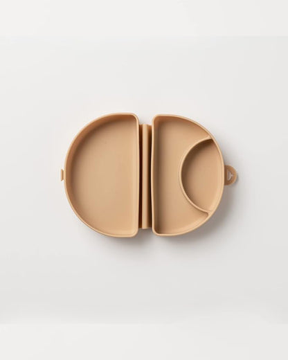 Miniware Silifold-Almond Butter-Foldable Plate-With Suction Base & 2 Divided Sections-For Feeding Infants