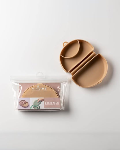 Miniware Silifold-Almond Butter-Foldable Plate-With Suction Base & 2 Divided Sections-For Feeding Infants