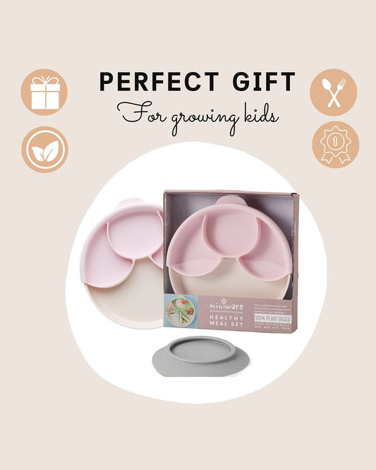 Miniware Healthy Meal Plate-Vanilla & Cotton Candy-With Detachable Suction Foot-Plant Based-For Feeding Infants