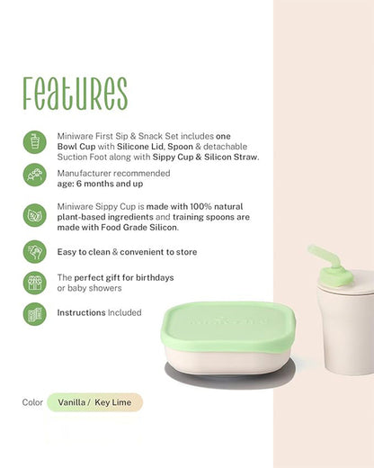 Miniware Baby Birthday Feeding Set-Pack of 3-Bowl with Lid, Cup with Lid & Bib-Mint & Cream