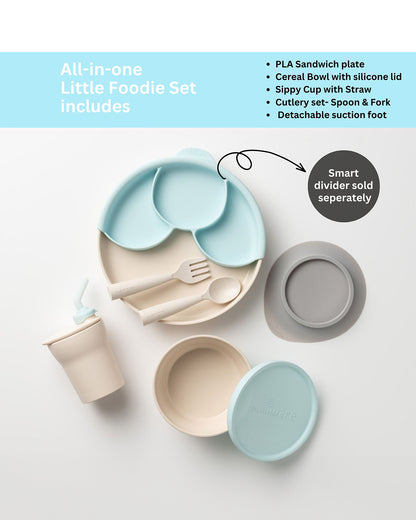 Miniware Little Foodie All In One Meal Set-With Suction Foot-Vanilla & Aqua-For Feeding Infants