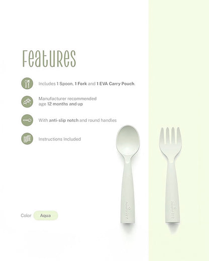 Miniware My First Cutlery Spoon & Fork Set-Round Handles-Aqua-For Infants