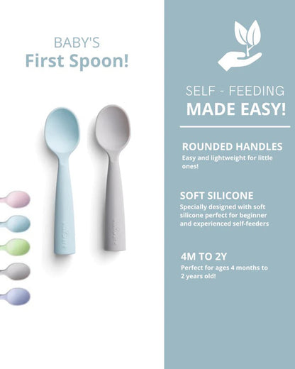 Miniware Silicone Training Spoon Set-Easy Grip Handles-Pack of 2-Grey & Aqua-For Infants