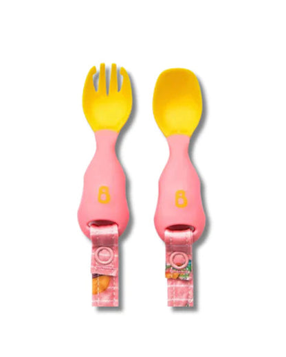 Bibado Handi Cutlery-Attachable Weaning Spoon & Fork Set-Teddy Bear Pink-For Infants