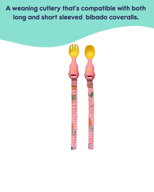 Bibado Handi Cutlery-Attachable Weaning Spoon & Fork Set-Teddy Bear Pink-For Infants