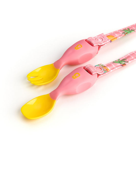 Bibado Handi Cutlery-Attachable Weaning Spoon & Fork Set-Teddy Bear Pink-For Infants