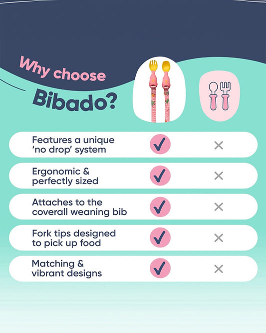 Bibado Handi Cutlery-Attachable Weaning Spoon & Fork Set-Teddy Bear Pink-For Infants