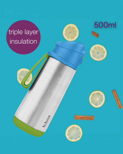 b.box Insulated Sport Spout Drink Bottle-Ocean Breeze Blue Green-Stainless Steel-With Easy Push Button-500 ml