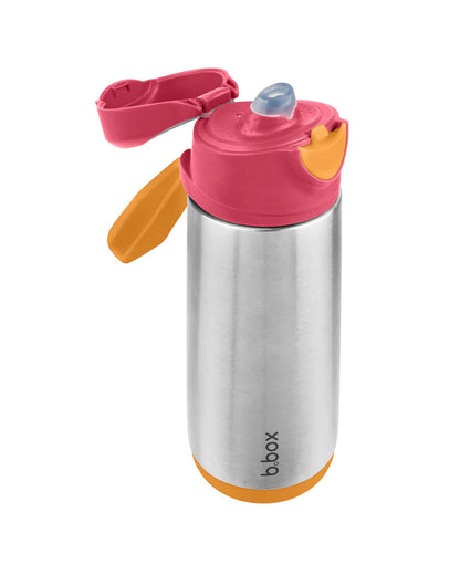 b.box Insulated Sport Spout Drink Bottle-Strawberry Shake Pink Orange-Stainless Steel-With Easy Push Button-500 ml